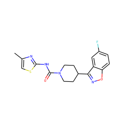Cc1csc(NC(=O)N2CCC(c3noc4ccc(F)cc34)CC2)n1 ZINC000103241461