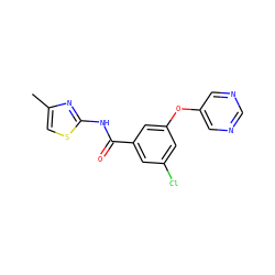 Cc1csc(NC(=O)c2cc(Cl)cc(Oc3cncnc3)c2)n1 ZINC000096939169
