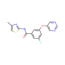 Cc1csc(NC(=O)c2cc(F)cc(Oc3cncnc3)c2)n1 ZINC000068251494