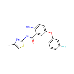 Cc1csc(NC(=O)c2cc(Oc3cccc(F)c3)ccc2N)n1 ZINC000040915505