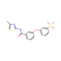 Cc1csc(NC(=O)c2cccc(Oc3cccc(S(C)(=O)=O)c3)c2)n1 ZINC000040408005