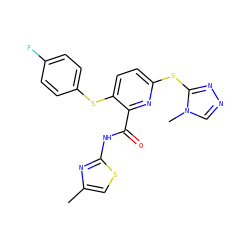 Cc1csc(NC(=O)c2nc(Sc3nncn3C)ccc2Sc2ccc(F)cc2)n1 ZINC000038801660