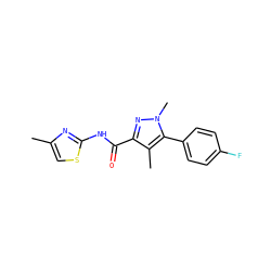 Cc1csc(NC(=O)c2nn(C)c(-c3ccc(F)cc3)c2C)n1 ZINC000095602901