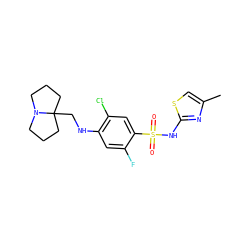 Cc1csc(NS(=O)(=O)c2cc(Cl)c(NCC34CCCN3CCC4)cc2F)n1 ZINC001772618723