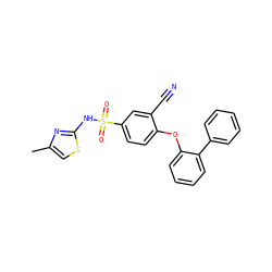 Cc1csc(NS(=O)(=O)c2ccc(Oc3ccccc3-c3ccccc3)c(C#N)c2)n1 ZINC000095585690