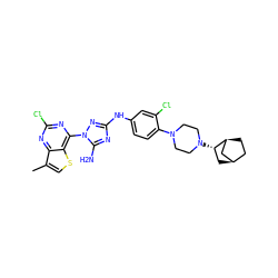 Cc1csc2c(-n3nc(Nc4ccc(N5CCN([C@H]6C[C@@H]7CC[C@H]6C7)CC5)c(Cl)c4)nc3N)nc(Cl)nc12 ZINC001772609022