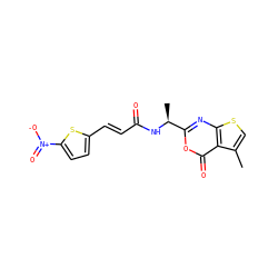 Cc1csc2nc([C@H](C)NC(=O)/C=C/c3ccc([N+](=O)[O-])s3)oc(=O)c12 ZINC000027519405