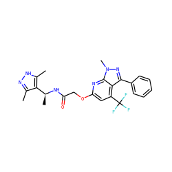 Cc1n[nH]c(C)c1[C@H](C)NC(=O)COc1cc(C(F)(F)F)c2c(-c3ccccc3)nn(C)c2n1 ZINC000117513085