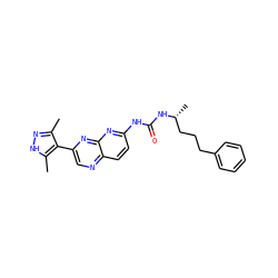 Cc1n[nH]c(C)c1-c1cnc2ccc(NC(=O)N[C@H](C)CCCc3ccccc3)nc2n1 ZINC000169704104