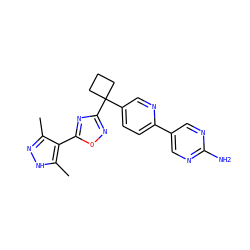 Cc1n[nH]c(C)c1-c1nc(C2(c3ccc(-c4cnc(N)nc4)nc3)CCC2)no1 ZINC000096175508