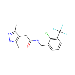 Cc1n[nH]c(C)c1CC(=O)NCc1cccc(C(F)(F)F)c1Cl ZINC000058650849