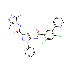 Cc1n[nH]c(C)c1NC(=O)c1cc(NC(=O)c2cc(-c3ccccn3)c(Cl)cc2Cl)n(-c2ccccc2)n1 ZINC001772624241