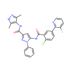 Cc1n[nH]c(C)c1NC(=O)c1cc(NC(=O)c2cc(-c3ncccc3F)ccc2Cl)n(-c2ccccc2)n1 ZINC001772656969