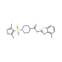 Cc1n[nH]c(C)c1S(=O)(=O)N1CCC(C(=O)Nc2nc3c(C)cccc3s2)CC1 ZINC000020181862