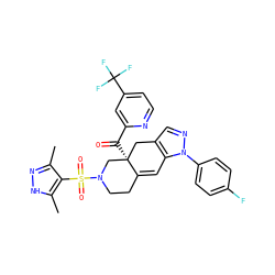 Cc1n[nH]c(C)c1S(=O)(=O)N1CCC2=Cc3c(cnn3-c3ccc(F)cc3)C[C@]2(C(=O)c2cc(C(F)(F)F)ccn2)C1 ZINC000141910837