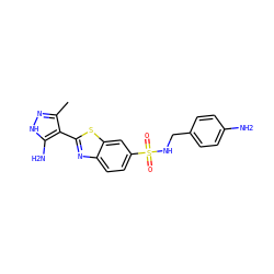 Cc1n[nH]c(N)c1-c1nc2ccc(S(=O)(=O)NCc3ccc(N)cc3)cc2s1 ZINC000114400685