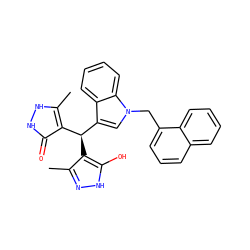 Cc1n[nH]c(O)c1[C@@H](c1c(C)[nH][nH]c1=O)c1cn(Cc2cccc3ccccc23)c2ccccc12 ZINC000008400807