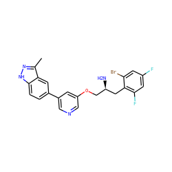 Cc1n[nH]c2ccc(-c3cncc(OC[C@@H](N)Cc4c(F)cc(F)cc4Br)c3)cc12 ZINC000014961687