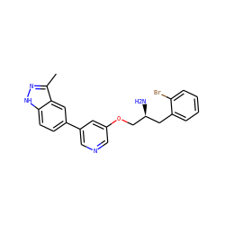 Cc1n[nH]c2ccc(-c3cncc(OC[C@@H](N)Cc4ccccc4Br)c3)cc12 ZINC000014961646