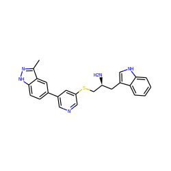 Cc1n[nH]c2ccc(-c3cncc(SC[C@@H](N)Cc4c[nH]c5ccccc45)c3)cc12 ZINC000014957896