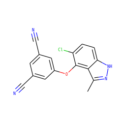 Cc1n[nH]c2ccc(Cl)c(Oc3cc(C#N)cc(C#N)c3)c12 ZINC000040405714
