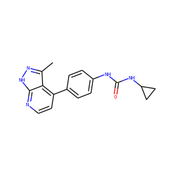 Cc1n[nH]c2nccc(-c3ccc(NC(=O)NC4CC4)cc3)c12 ZINC001772575443