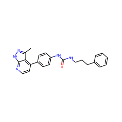 Cc1n[nH]c2nccc(-c3ccc(NC(=O)NCCCc4ccccc4)cc3)c12 ZINC001772634026