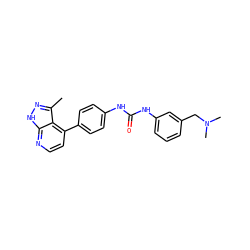 Cc1n[nH]c2nccc(-c3ccc(NC(=O)Nc4cccc(CN(C)C)c4)cc3)c12 ZINC001772620019