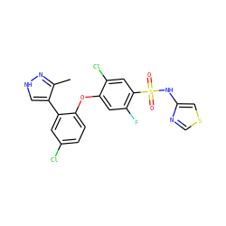 Cc1n[nH]cc1-c1cc(Cl)ccc1Oc1cc(F)c(S(=O)(=O)Nc2cscn2)cc1Cl ZINC000095581951