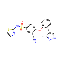 Cc1n[nH]cc1-c1ccccc1Oc1ccc(S(=O)(=O)Nc2nccs2)cc1C#N ZINC000095585423