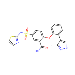 Cc1n[nH]cc1-c1ccccc1Oc1ccc(S(=O)(=O)Nc2nccs2)cc1C(N)=O ZINC000095584603
