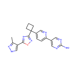 Cc1n[nH]cc1-c1nc(C2(c3ccc(-c4cnc(N)nc4)nc3)CCC2)no1 ZINC000096175540