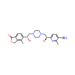 Cc1nc([C@@H](O)CN2CCN(C[C@H](O)c3ccc4c(c3C)COC4=O)CC2)ccc1C#N ZINC000139560845