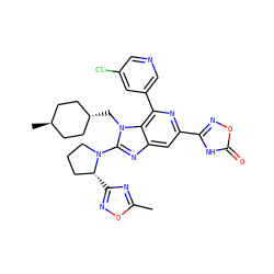Cc1nc([C@@H]2CCCN2c2nc3cc(-c4noc(=O)[nH]4)nc(-c4cncc(Cl)c4)c3n2C[C@H]2CC[C@H](C)CC2)no1 ZINC000261129303