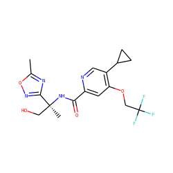 Cc1nc([C@](C)(CO)NC(=O)c2cc(OCC(F)(F)F)c(C3CC3)cn2)no1 ZINC000146199350