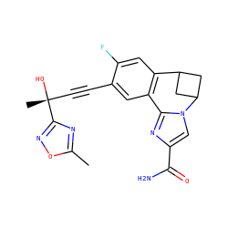 Cc1nc([C@](C)(O)C#Cc2cc3c(cc2F)C2CC(C2)n2cc(C(N)=O)nc2-3)no1 ZINC000220008758