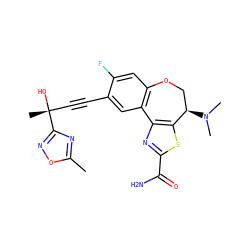Cc1nc([C@](C)(O)C#Cc2cc3c(cc2F)OC[C@@H](N(C)C)c2sc(C(N)=O)nc2-3)no1 ZINC000219433735