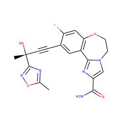 Cc1nc([C@](C)(O)C#Cc2cc3c(cc2F)OCCn2cc(C(N)=O)nc2-3)no1 ZINC000215747139