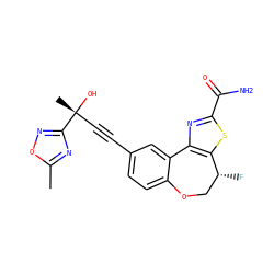 Cc1nc([C@](C)(O)C#Cc2ccc3c(c2)-c2nc(C(N)=O)sc2[C@H](F)CO3)no1 ZINC000219494736