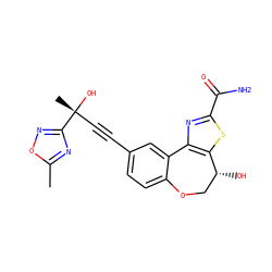 Cc1nc([C@](C)(O)C#Cc2ccc3c(c2)-c2nc(C(N)=O)sc2[C@H](O)CO3)no1 ZINC000219476403