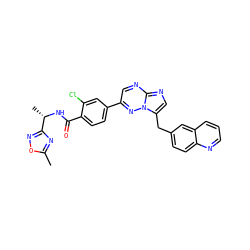 Cc1nc([C@H](C)NC(=O)c2ccc(-c3cnc4ncc(Cc5ccc6ncccc6c5)n4n3)cc2Cl)no1 ZINC000096167849