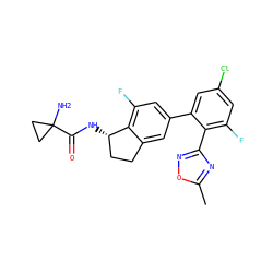 Cc1nc(-c2c(F)cc(Cl)cc2-c2cc(F)c3c(c2)CC[C@@H]3NC(=O)C2(N)CC2)no1 ZINC000169697152