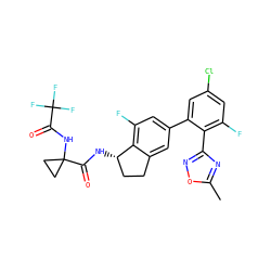 Cc1nc(-c2c(F)cc(Cl)cc2-c2cc(F)c3c(c2)CC[C@@H]3NC(=O)C2(NC(=O)C(F)(F)F)CC2)no1 ZINC000169697135