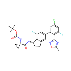 Cc1nc(-c2c(F)cc(Cl)cc2-c2cc(F)c3c(c2)CC[C@@H]3NC(=O)C2(NC(=O)OC(C)(C)C)CC2)no1 ZINC000169697150