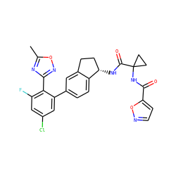 Cc1nc(-c2c(F)cc(Cl)cc2-c2ccc3c(c2)CC[C@@H]3NC(=O)C2(NC(=O)c3ccno3)CC2)no1 ZINC000142294513