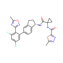 Cc1nc(-c2c(F)cc(Cl)cc2-c2ccc3c(c2)CC[C@@H]3NC(=O)C2(NC(=O)c3nnc(C)o3)CC2)no1 ZINC000142233794