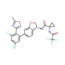 Cc1nc(-c2c(F)cc(Cl)cc2-c2ccc3c(c2)OC[C@@H]3NC(=O)C2(NC(=O)C(F)(F)F)CC2)no1 ZINC000169697141