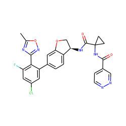 Cc1nc(-c2c(F)cc(Cl)cc2-c2ccc3c(c2)OC[C@H]3NC(=O)C2(NC(=O)c3ccnnc3)CC2)no1 ZINC000142295994