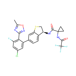 Cc1nc(-c2c(F)cc(Cl)cc2-c2ccc3c(c2)SC[C@H]3NC(=O)C2(NC(=O)C(F)(F)F)CC2)no1 ZINC000142261651