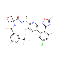 Cc1nc(-c2c(F)cc(Cl)cc2-c2cnc([C@@H](C)NC(=O)C3(NC(=O)c4cc(F)cc(C(F)(F)F)c4)COC3)c(F)c2)no1 ZINC000169287551